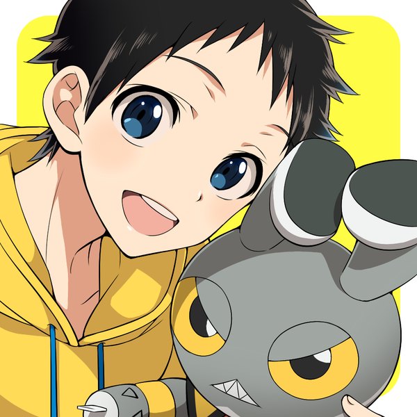 Anime picture 1000x1000 with yowamushi pedal onoda sakamichi natsuko (bluecandy) single looking at viewer blush short hair open mouth blue eyes black hair simple background border outside border yellow background no glasses boy hood toy stuffed animal hoodie