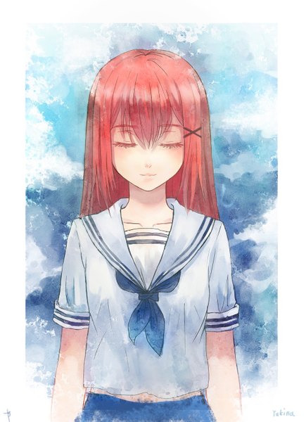 Anime picture 1000x1379 with original bryanth single long hair tall image sky cloud (clouds) upper body red hair eyes closed light smile border girl hair ornament serafuku bobby pin x hair ornament
