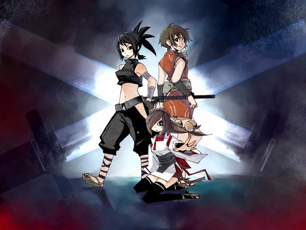 Anime picture 1600x1200 with tenchu ayame hirodo kagura (tenchu) long hair looking at viewer fringe highres short hair blue eyes black hair red eyes brown hair multiple girls black eyes hair over one eye bare belly girl thighhighs navel