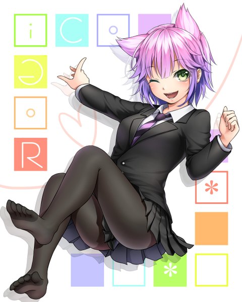 Anime picture 1024x1280 with original hinase kanoto single tall image fringe short hair open mouth smile green eyes pink hair bent knee (knees) eyes closed pleated skirt one eye closed wink no shoes outstretched arm girl skirt uniform