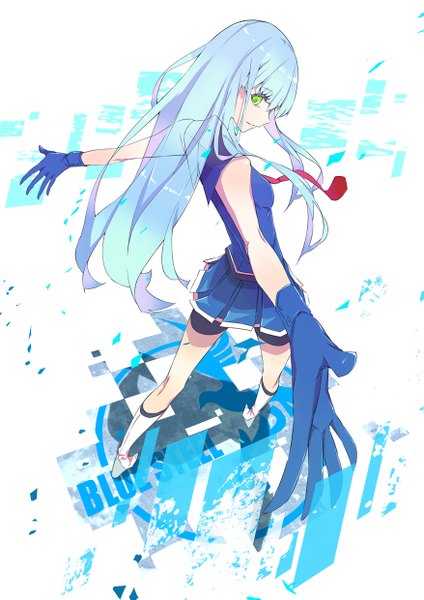 Anime picture 877x1240 with aoki hagane no arpeggio i-401 (aoki hagane no arpeggio) firecel single long hair tall image looking at viewer fringe smile standing green eyes blue hair pleated skirt looking back from above copyright name spread arms girl skirt miniskirt