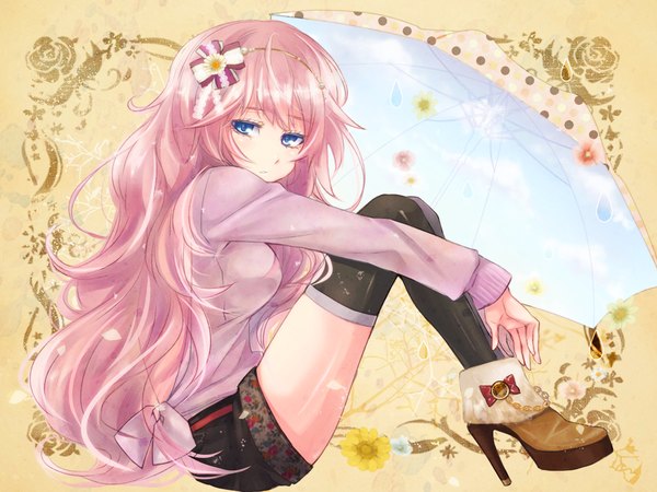 Anime picture 1000x750 with vocaloid megurine luka mikipa single long hair looking at viewer blue eyes sitting pink hair girl thighhighs hair ornament bow black thighhighs shorts boots umbrella sweater