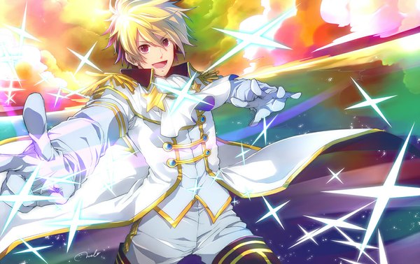 Anime picture 1100x693 with star driver tsunashi takuto melo single short hair open mouth blonde hair smile purple eyes signed purple hair multicolored hair sparkle boy gloves star (stars) neckerchief