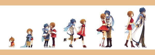 Anime picture 1800x650 with vocaloid kaito (vocaloid) meiko akiyoshi (tama-pete) blush short hair blue eyes brown hair wide image bare shoulders blue hair ahoge couple holding hands letterboxed time paradox age progression girl dress boy