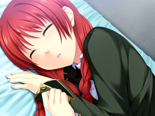 Anime picture 1024x768 with joker (game) oryou long hair game cg red hair braid (braids) eyes closed sleeping girl uniform school uniform