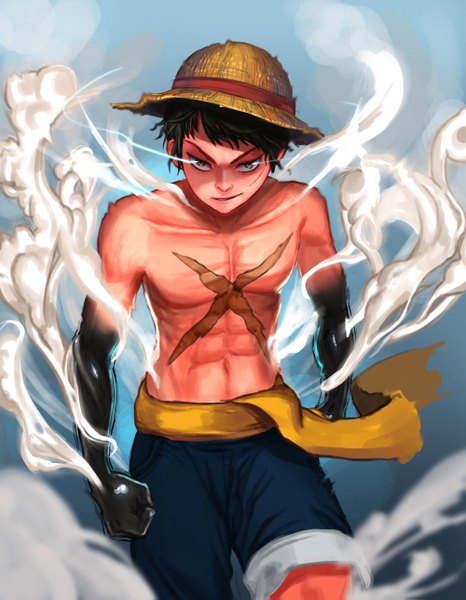 Anime picture 1000x1287 with one piece toei animation monkey d. luffy supullim single tall image looking at viewer fringe short hair black hair grey eyes scar walking steam boy hat shorts straw hat