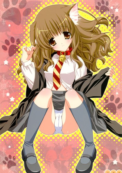 Anime picture 2389x3380 with tall image highres light erotic brown hair brown eyes yellow eyes cat girl girl underwear panties necktie