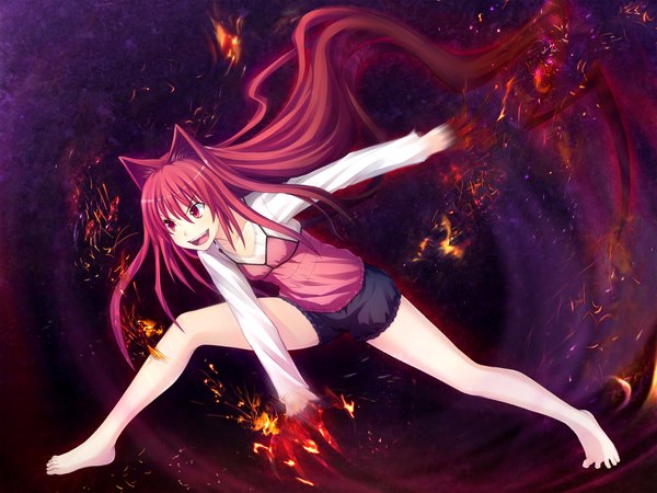 Anime picture 1600x1200 with gurenka kuon (gurenka) nekonyan long hair open mouth red eyes animal ears game cg red hair barefoot legs girl shorts