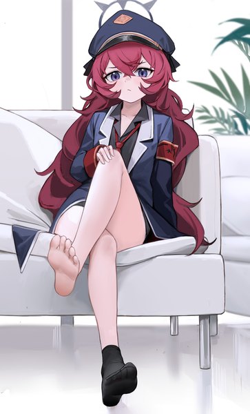 Anime picture 2705x4473 with blue archive iroha (blue archive) nagata gata single long hair tall image fringe highres hair between eyes sitting purple eyes full body red hair no shoes crossed legs hand on knee girl necktie halo couch