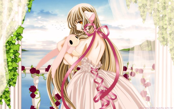 Anime picture 2560x1600 with chobits chii single long hair highres blonde hair wide image looking back orange eyes back lake girl dress flower (flowers) bow rose (roses) red rose balcony