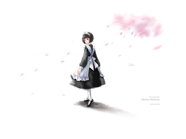Anime picture 1600x1200 with shirley (manga) shirley madison mori kaoru single looking at viewer short hair black hair simple background white background full body looking back from behind black eyes maid character names girl headdress maid headdress