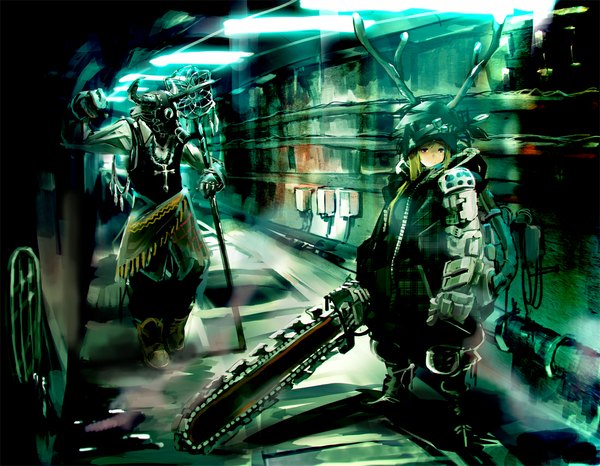 Anime picture 1100x856 with so-bin blonde hair red eyes horn (horns) girl boy weapon armor cross wire (wires) helmet lamp huge weapon huge sword gas mask chainsaw tunnel