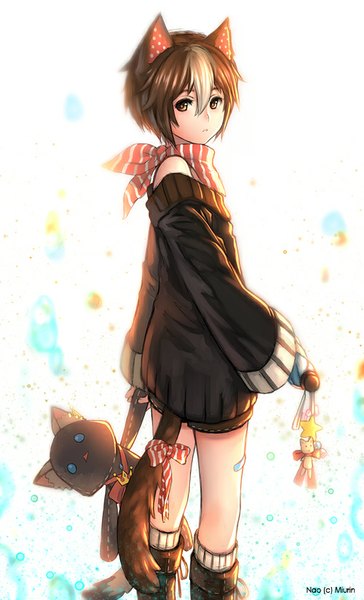 Anime picture 500x824 with slapmyface single tall image fringe short hair standing holding brown eyes animal ears tail animal tail looking back multicolored hair cat ears two-tone hair cat tail streaked hair kemonomimi mode nekomimi mode bandaid on leg