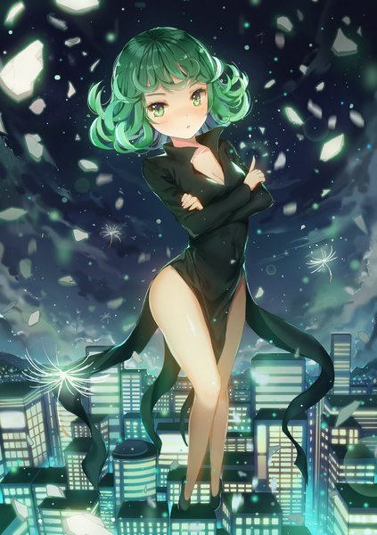 Anime picture 1200x1702 with one-punch man madhouse tatsumaki dangmill single tall image looking at viewer blush short hair breasts light erotic green eyes sky cleavage long sleeves head tilt green hair from above bare legs :o