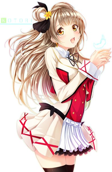 Anime picture 655x1000 with love live! school idol project sunrise (studio) love live! minami kotori haruka natsuki single long hair tall image blush open mouth brown hair white background yellow eyes one side up girl thighhighs dress bow black thighhighs hair bow