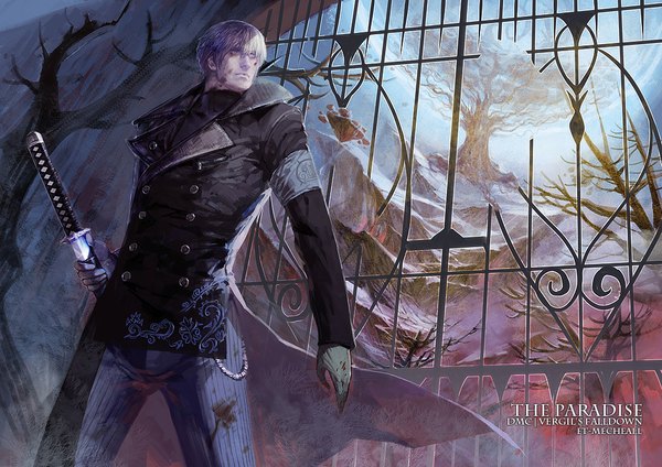 Anime picture 1000x707 with devil may cry vergil etmisa single short hair silver hair inscription gate boy weapon plant (plants) sword tree (trees) katana blood chain
