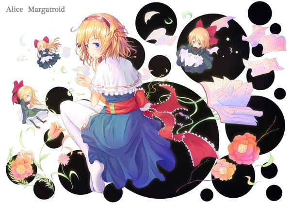 Anime picture 1576x1113 with touhou alice margatroid hirokoza (artist) blush short hair blue eyes blonde hair no shoes girl thighhighs dress flower (flowers) white thighhighs hairband book (books) mantle doll (dolls)
