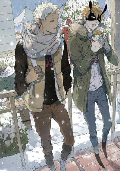 Anime picture 650x919 with mosspaca advertising department santa claus moss (mosspaca advertising department) old xian oldxian tall image short hair open mouth blonde hair standing yellow eyes looking away outdoors white hair horn (horns) open jacket multiple boys couple snowing christmas