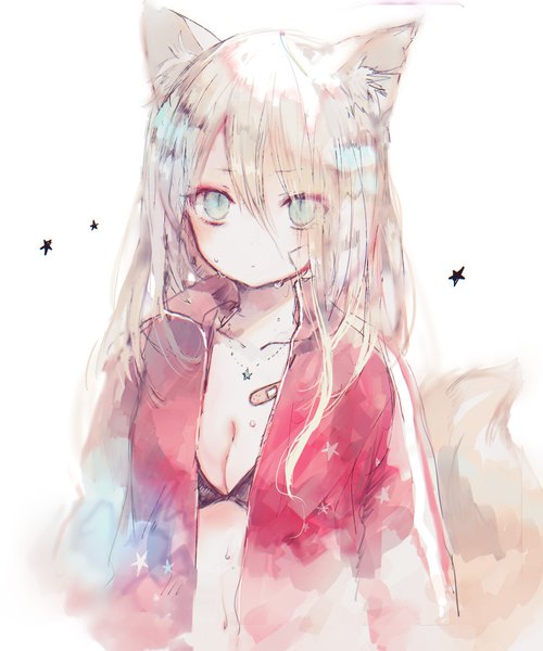 Anime picture 1495x1795 with original onineko single long hair tall image looking at viewer blush fringe breasts light erotic blonde hair hair between eyes white background animal ears cleavage upper body tail animal tail aqua eyes hair over one eye