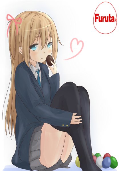 Anime picture 1000x1414 with original saku (kudrove) single long hair tall image blush blue eyes simple background blonde hair white background girl thighhighs skirt uniform black thighhighs school uniform miniskirt