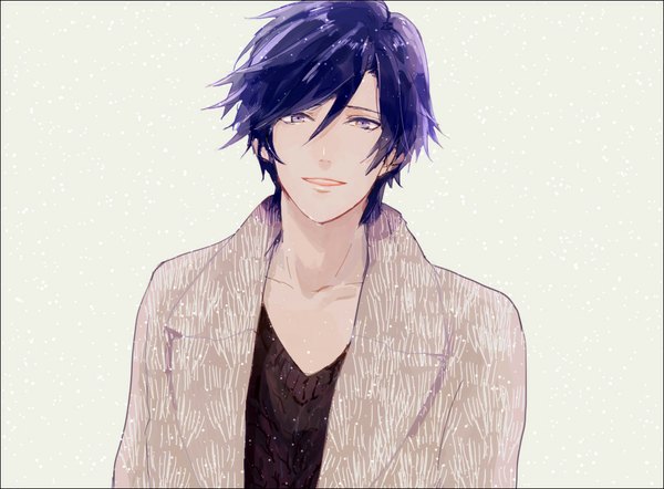 Anime picture 1021x753 with uta no prince-sama a-1 pictures ichinose tokiya akita (pixiv63325) single looking at viewer fringe short hair open mouth simple background hair between eyes purple eyes purple hair happy snowing snow boy