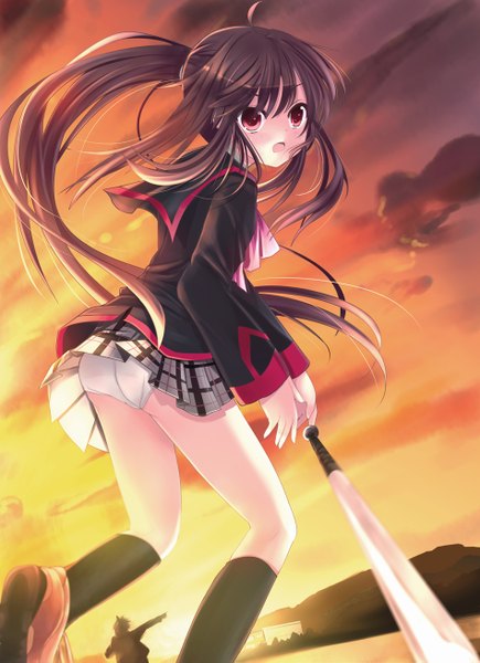 Anime picture 950x1309 with little busters! key (studio) natsume rin xephonia single long hair tall image blush open mouth light erotic red eyes brown hair sky cloud (clouds) pantyshot evening sunset girl uniform underwear