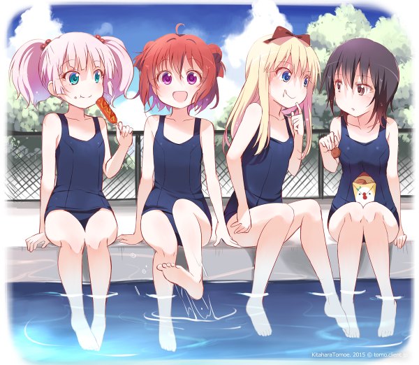 Anime picture 1200x1044 with yuru yuri doga kobo toshinou kyouko akaza akari yoshikawa chinatsu funami yui kitahara tomoe (kitahara koubou) long hair looking at viewer blush short hair open mouth blue eyes black hair blonde hair smile sitting purple eyes multiple girls brown eyes