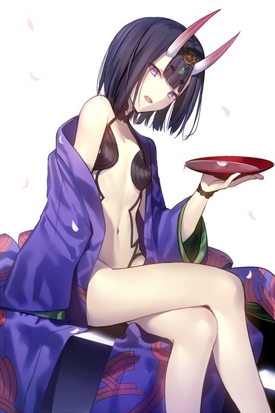 Anime picture 700x1050 with fate (series) fate/grand order shuten douji (fate) mashima saki (mashimasa) single long hair tall image looking at viewer fringe breasts light erotic black hair simple background white background sitting purple eyes holding blunt bangs traditional clothes head tilt