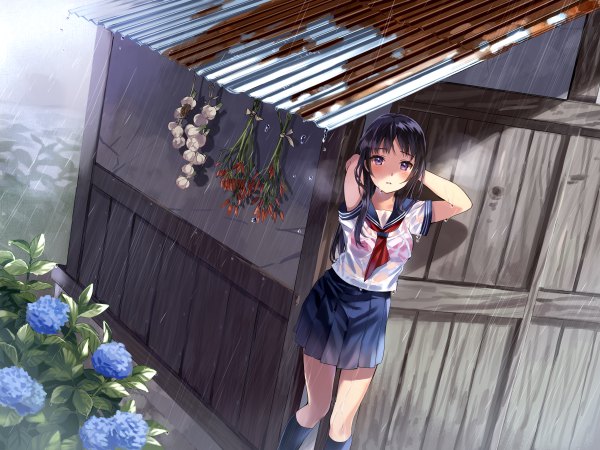 Anime picture 4800x3600 with original tan (tangent) single long hair looking at viewer blush fringe highres open mouth light erotic black hair standing purple eyes absurdres outdoors pleated skirt from above wet rain arms behind head