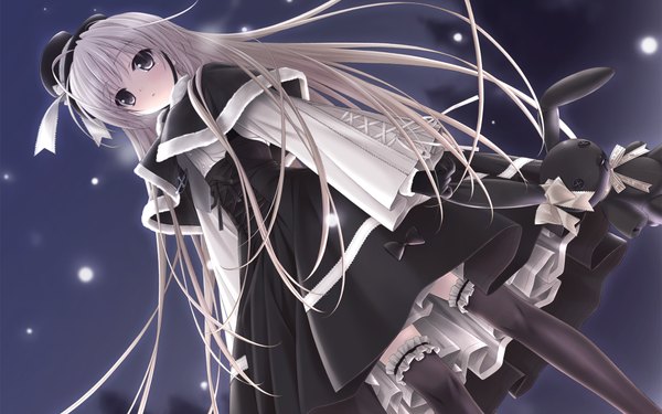 Anime picture 1920x1200 with yosuga no sora kasugano sora hashimoto takashi long hair highres wide image silver hair black eyes loli goth-loli girl thighhighs dress black thighhighs hat black dress