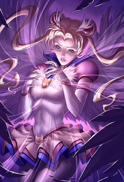 Anime picture 650x950 with bishoujo senshi sailor moon toei animation tsukino usagi sailor moon eternal sailor moon quirkilicious single long hair tall image blue eyes blonde hair twintails pleated skirt wind lips hair bun (hair buns) skirt lift pink background glow purple background