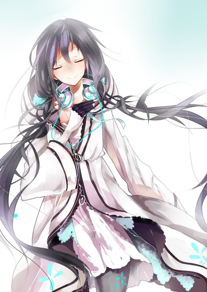 Anime picture 852x1200 with utau xia yu yao star (wish) single tall image blush black hair smile standing twintails eyes closed wind wide sleeves girl jacket headphones wire (wires)