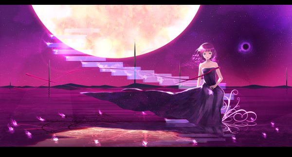 Anime picture 1453x784 with original jname single short hair blue eyes wide image sitting bare shoulders purple hair letterboxed girl dress ribbon (ribbons) moon stairs