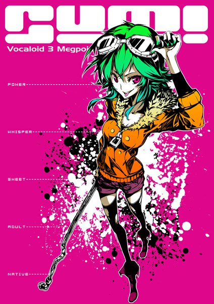 Anime picture 706x1000 with vocaloid life reset button (vocaloid) gumi hong (white spider) single tall image looking at viewer short hair nail polish pink eyes green hair from above inscription pink background girl thighhighs weapon black thighhighs jacket shorts