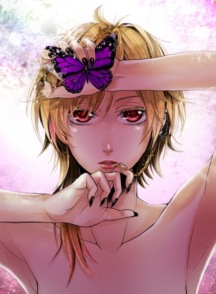 Anime picture 1105x1500 with nico nico singer migikata no chou (vocaloid) 96neko mirakuruna long hair tall image simple background blonde hair red eyes holding nail polish fingernails nude sunlight piercing ear piercing long fingernails black nail polish butterfly on hand lip piercing