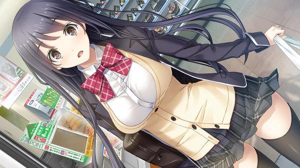 Anime picture 1280x720 with lip kiss itsugaya kanade mikoto akemi single long hair looking at viewer open mouth black hair wide image brown eyes game cg girl thighhighs skirt uniform black thighhighs school uniform miniskirt bowtie