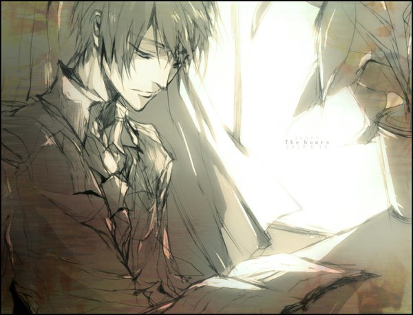 Anime picture 1024x782 with katekyou hitman reborn hibari kyouya short hair sunlight monochrome sepia boy plant (plants) necktie window book (books) suit