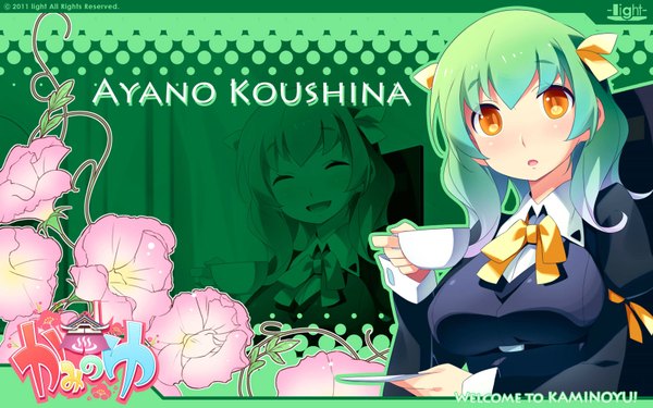 Anime picture 1600x1000 with kaminoyu (game) koushina ayano single long hair looking at viewer open mouth wide image yellow eyes green hair girl flower (flowers) ribbon (ribbons) hair ribbon cup