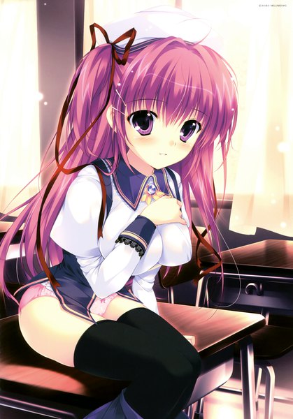 Anime picture 2654x3800 with melonbooks mikeou single long hair tall image looking at viewer blush highres light erotic purple eyes purple hair scan official art one side up girl thighhighs uniform underwear panties ribbon (ribbons)