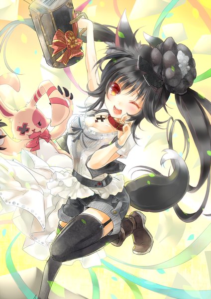 Anime picture 1180x1668 with original cube (maryquant) single long hair tall image blush open mouth black hair twintails animal ears tail animal tail one eye closed wink orange eyes girl hair ornament shorts boots bag