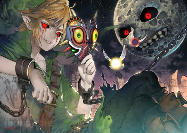 Anime picture 1000x709 with creepypasta the legend of zelda the legend of zelda: majora's mask nintendo link dark link tatl kawacy single fringe short hair blonde hair smile red eyes sitting holding pointy ears crossed legs torn clothes glow