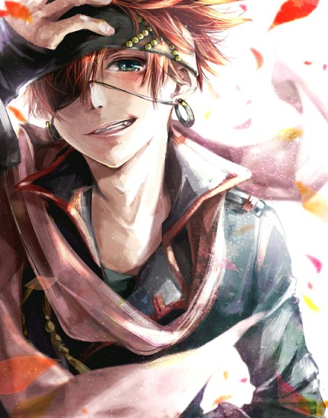 Anime picture 900x1145 with d.gray-man lavi ao+beni single tall image looking at viewer blush short hair smile green eyes wind orange hair teeth hand on head boy earrings petals hairband scarf eyepatch