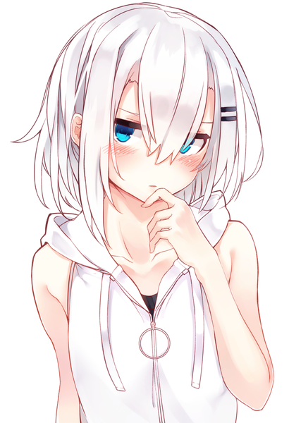 Anime picture 800x1170 with original ringo-chan (otokuyou) otokuyou single tall image looking at viewer blush fringe short hair blue eyes simple background hair between eyes white background bare shoulders upper body white hair parted lips head tilt embarrassed finger to mouth
