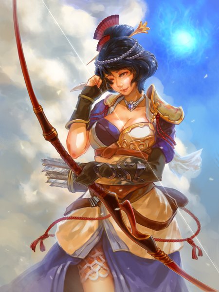 Anime picture 1500x2000 with toukiden nagi (toukiden) rover fuji single tall image short hair blue hair sky cloud (clouds) one eye closed wink orange eyes tears crying gloves hair ornament weapon armor necklace beads
