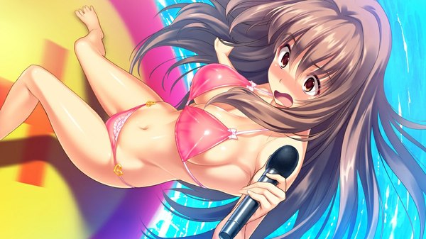 Anime picture 1024x576 with d-eve in you akatsuki shion long hair blush open mouth light erotic brown hair wide image brown eyes game cg girl swimsuit bikini microphone