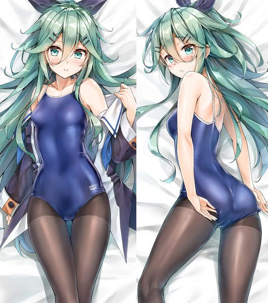 Anime picture 1180x1332 with kantai collection arena (company) yamakaze (kantai collection) kotatsu (kotatsu358) long hair tall image looking at viewer blush fringe light erotic hair between eyes ass lying long sleeves nail polish parted lips looking back aqua eyes fingernails aqua hair