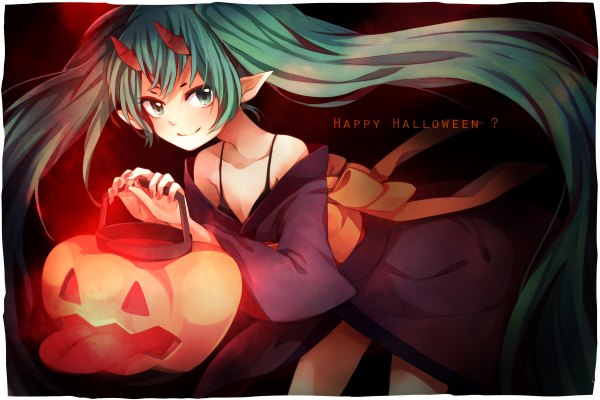 Anime picture 1200x800 with vocaloid hatsune miku tama (songe) single simple background smile twintails bare shoulders very long hair japanese clothes horn (horns) aqua eyes pointy ears aqua hair inscription black background halloween girl yukata vegetables