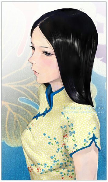 Anime picture 630x1065 with amatiz single long hair tall image black hair signed traditional clothes profile from above lips black eyes chinese clothes framed girl chinese dress