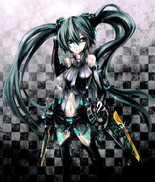 Anime picture 1268x1494 with vocaloid vocaloid append hatsune miku hatsune miku (append) yato (pondel) single long hair tall image highres twintails green eyes very long hair green hair checkered checkered background girl thighhighs gloves navel necktie