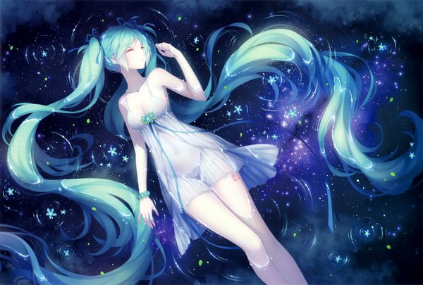 Anime picture 3326x2250 with vocaloid hatsune miku tidsean highres twintails bare shoulders absurdres lying eyes closed very long hair scan aqua hair bare legs on back girl dress flower (flowers) ribbon (ribbons) transparent clothing short dress